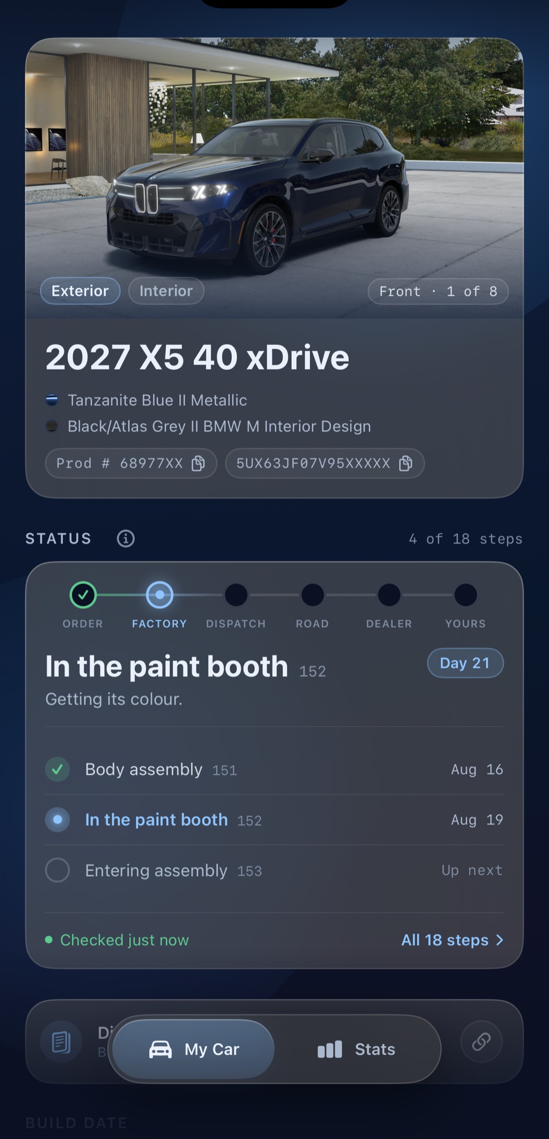 The app&rsquo;s My Car screen showing a tracked car, its build and its current stage.
